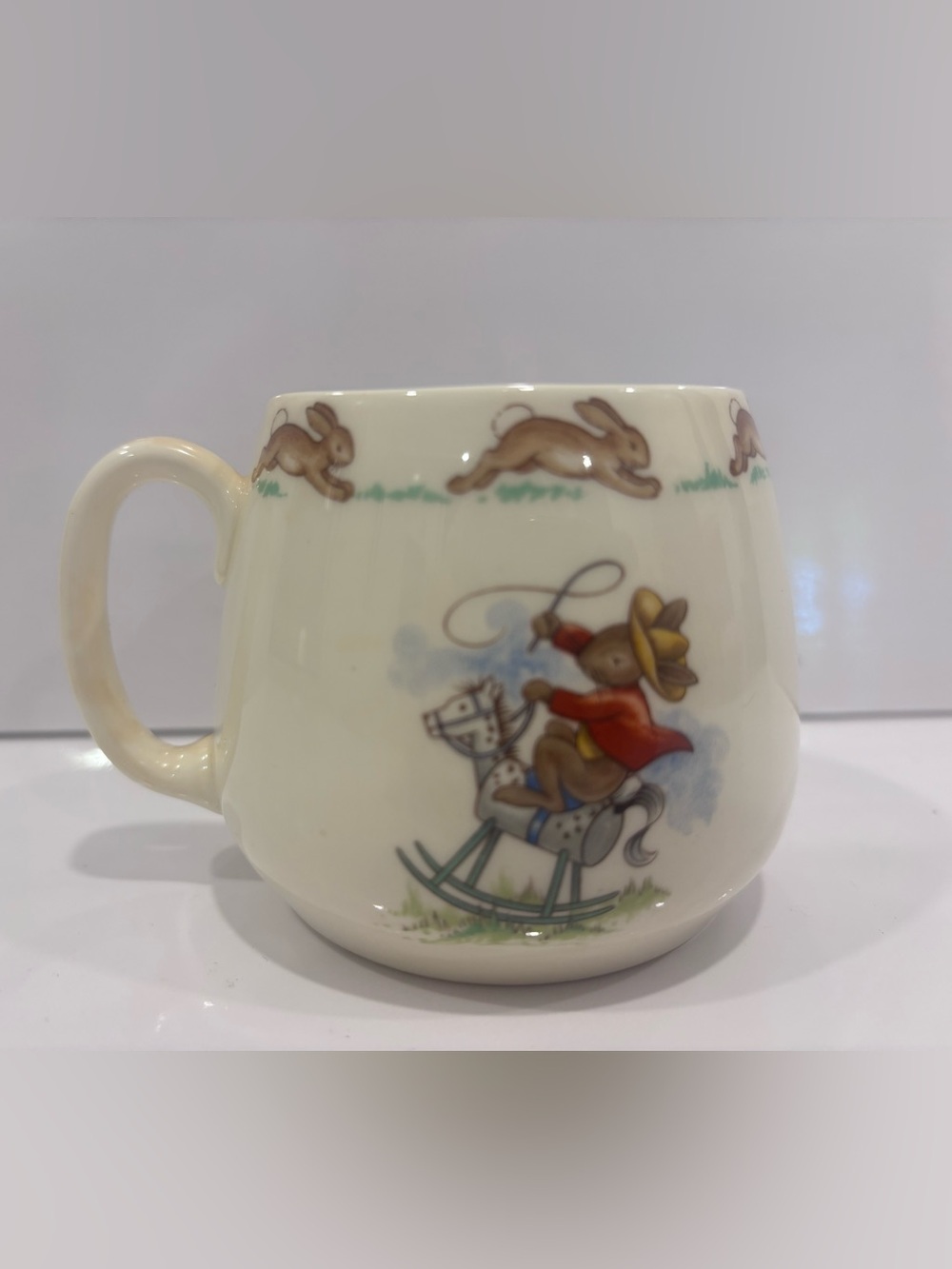 Royal Doulton Bunnykins Ceramic Child Cup Rabbits Playing Cowboys and Indians